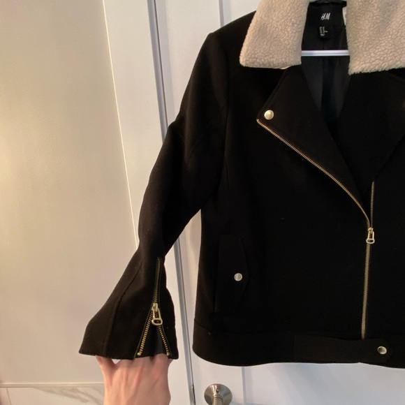 Black Wool Blend Jacket with Lamb Collar - Picture 7 of 10